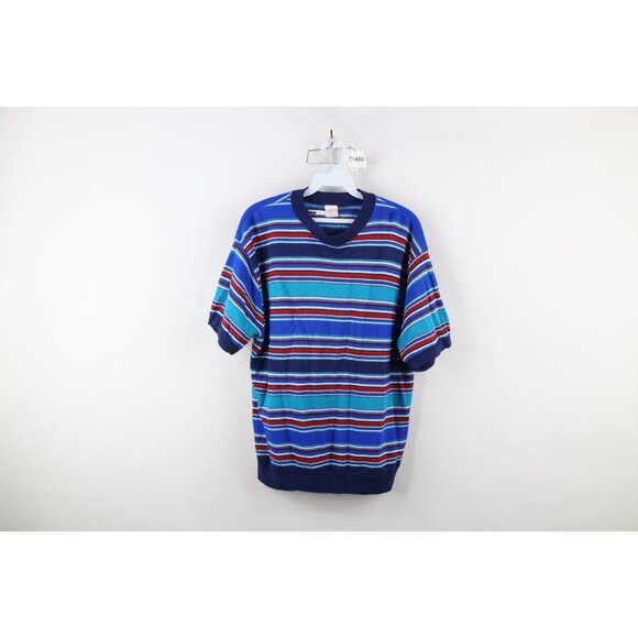 Vtg 60s 70s Streetwear Mens L Striped Color Block Knit Short Sleeve Sweater USA